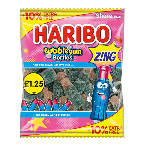 Haribo Bubblegum Bottles Z!ng Bag 176g £1.25 PMP + 10% Extra Free - 12 x 176g Bags