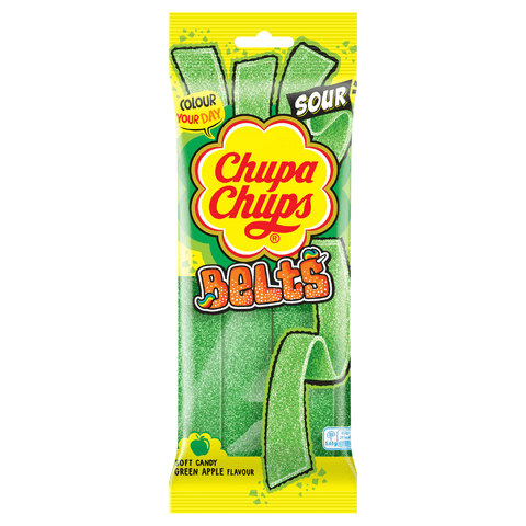 Chupa Chups Sour Apple Belts Pack 90g - 18 x 90g Packs