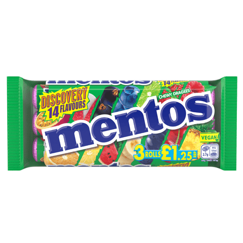 Mentos Discovery Chewy Dragees Roll 3 Pack 114g £1.25 PMP - 25 x 114g Multipacks