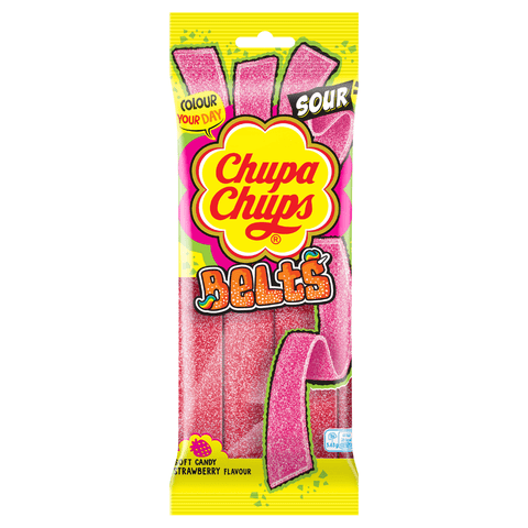 Chupa Chups Sour Strawberry Belts Pack 90g - 18 x 90g Packs