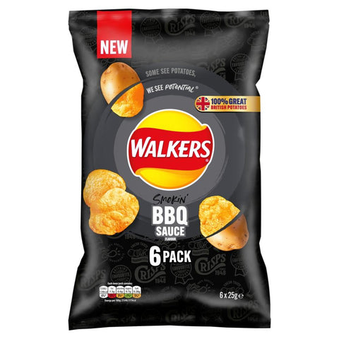 Walkers BBQ Sauce Multipack Crisps 6 Pack - 18 x (6 x 25g) Multipacks