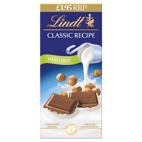 Lindt Classic Recipe Milk Hazelnut Chocolate Bar 100g £1.95 PMP - 8 x 100g Bars