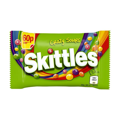 Skittles Vegan Chewy Crazy Sour Sweets Fruit Flavoured Bag 60p PMP 45g - 36 x 45g Bags