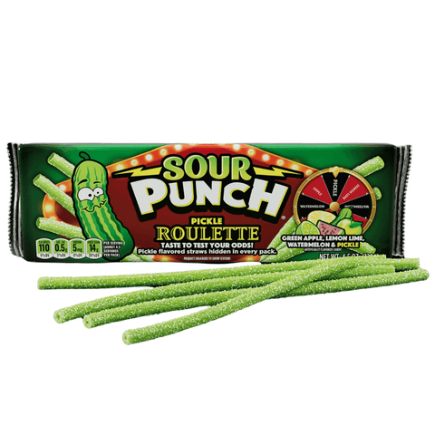 Sour Punch Pickle Roulette Straws Pack 128g - 24 x 128g Packs